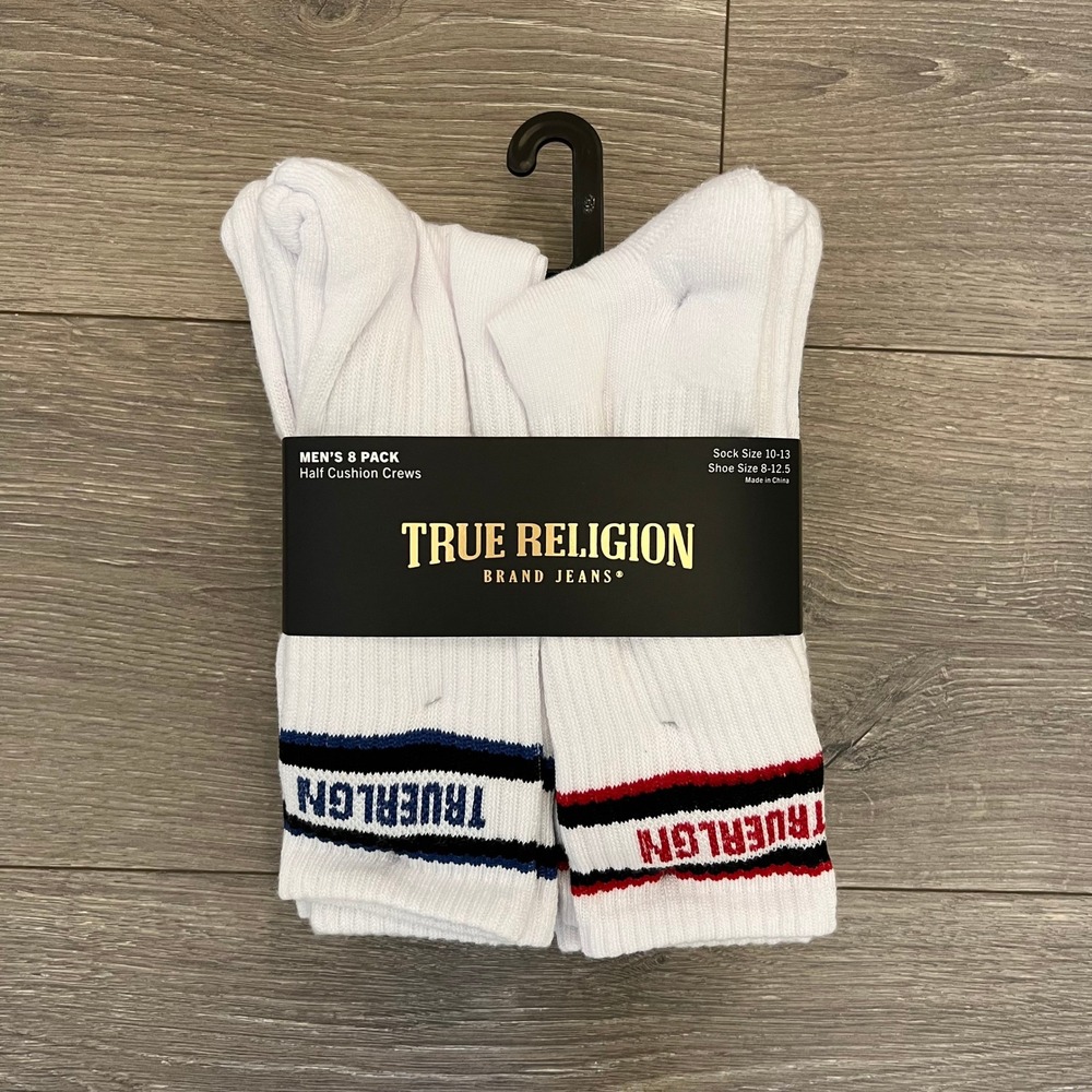 True Religion Socks Size 10-13 Men's 8 Pack White Half Cushion Crew